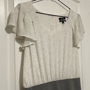 RW&CO. Fitted Mixed Media Dress - Grey Pencil Skirt with White Polka Dot Top